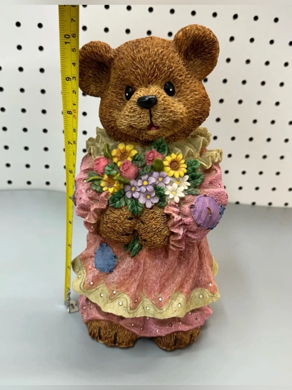 Brown teddy Bear Piggy bank in Pink Dress Holding Flowers - Decorative Home Acc